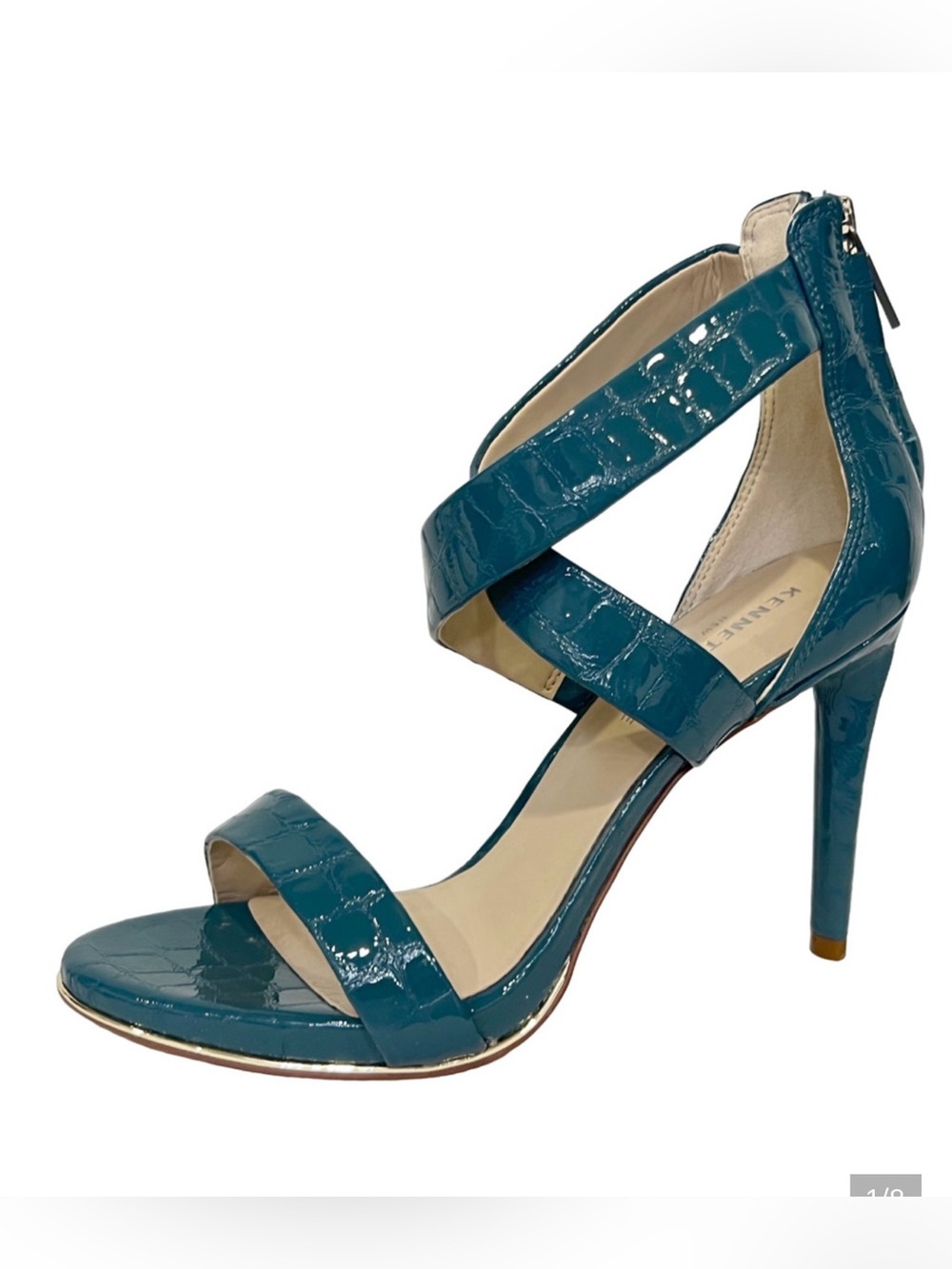 KENNETH COLE NEW YORK GREEN BROOKE ANIMAL PRINT CROSS STRAPPY SANDAL HEELS 6.5